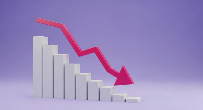 Decline in Business Growth with a Red Arrow Pointing Downwards Indicating Recession and Negative Progress on a Lilac Background
