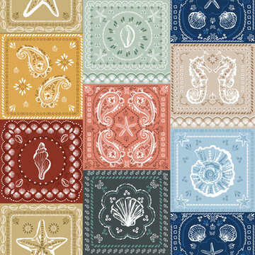 Trendy Bohemian coastal seamless pattern Hand drawn Illustration Vectorl , Summer print