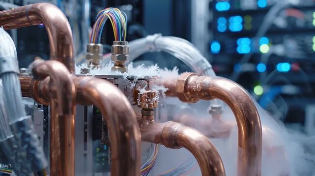 Close-up of frosted copper pipes and cryogenic cooling system in a high-tech laboratory or data center environment.
