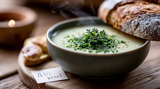 Eine dampfende Sch&uuml;ssel gr&uuml;ne Cremesuppe mit Kr&auml;utern steht neben einem rustikalen Brot auf einem Holztisch, mit einem Kalorienzettel mit der Aufschrift &bdquo;410 kcal".