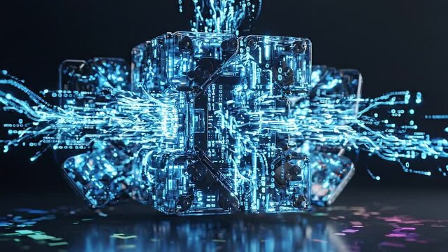 Abstract digital brain or cube structure with glowing blue light trails representing data flow and AI processing.