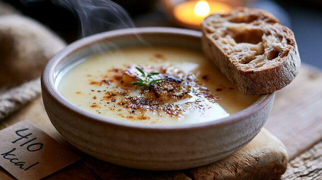 Eine dampfende Sch&uuml;ssel gr&uuml;ne Cremesuppe mit Kr&auml;utern steht neben einem rustikalen Brot auf einem Holztisch, mit einem Kalorienzettel mit der Aufschrift &bdquo;410 kcal".