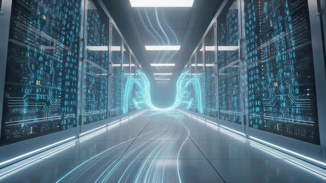 Futuristic server room with glowing data streams and dynamic digital light effects