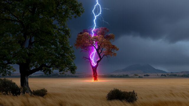 Ein einzelner Baum auf einem weiten Feld wird von einem leuchtend violetten Blitz getroffen, w&auml;hrend dunkle Gewitterwolken den Himmel bedecken.