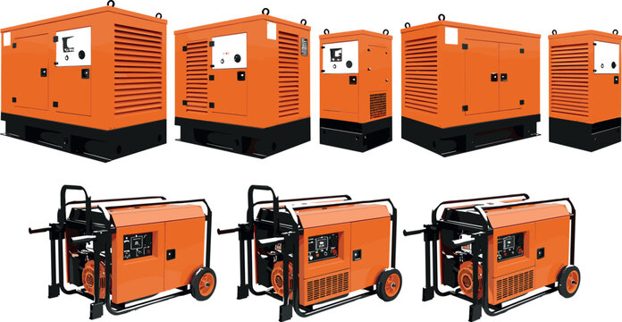 Industrial Diesel Generator and Portable Power Generator Vector Illustration Set with Orange Soundproof Canopy Enclosures and Wheeled Engine Units for Backup Power Designs