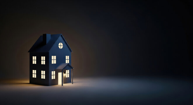 Dark Blue House Shape with Interior Light Illuminating Rooms Symbolizing Home Concept Isolated against Solid Black Backdrop Minimalist Style