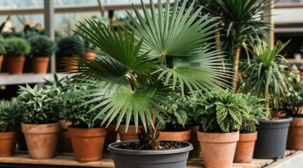 Fototapeta premium Potted fan palm plant with lush green leaves sits in greenhouse setting. Various potted plants surround it, creating a natural, vibrant arrangement with earthy tones.