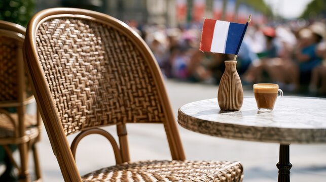 parisian cafe setting, an upscale spread showcasing holiday caf culture, highlighting a classic bistro chair and marble table holding a vase with a french flag and espresso the vibrant street scene