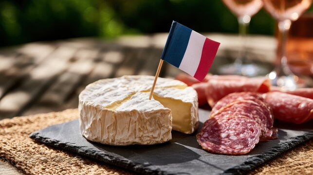 french cuisine experience, a stunning editorial features a lavish bastille day platter with brie, saucisson, and a french tricolor flag sumptuous and compelling