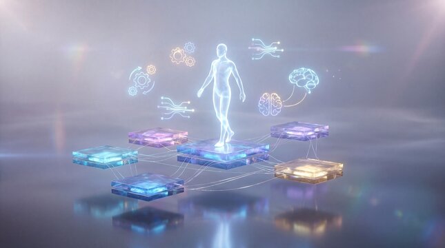 Human figure surrounded by glowing orbs and circuits in a futuristic scene