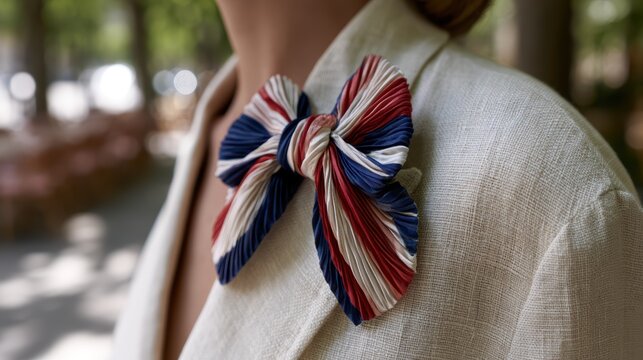 high fashion photography, high-fashion portrait for a french magazine featuring a cream linen blazer with tricolor ribbon, set against a parisian street caf