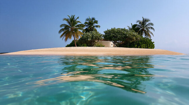 Eine kleine, palmenbestandene Sandbank liegt inmitten eines ruhigen, t&uuml;rkisfarbenen Meeres unter strahlend blauem Himmel.