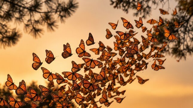 Monarch Butterfly Migration Swarm Flying Against Golden Sunset Sky &mdash; Wildlife Nature