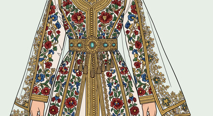 Naklejka premium Vibrant floral embroidered evening gown with gold accents