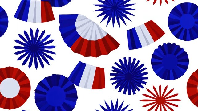 french national day celebration, a modern, minimalist geometric pattern for french national day features stylized tricolor cockades, abstract flag folds, and starburst fireworks in cobalt blue, white