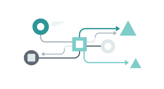 Abstract Workflow Diagram with Geometric Shapes and Directional Arrows, Modern Data Process Vector Infographic