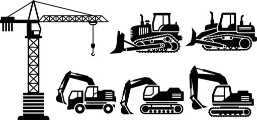Obraz premium Heavy Construction Machinery Silhouette Set with Tower Crane Bulldozer and Excavator for Building Site Signs Industrial Equipment Branding and Engineering Logistics Layouts