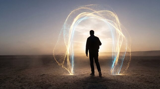 Silhouette man standing in desert with glowing light trails at sunset