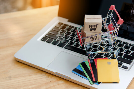 Online shopping cart laptop credit card payment e commerce purchase order delivery mobile commerce digital retail checkout