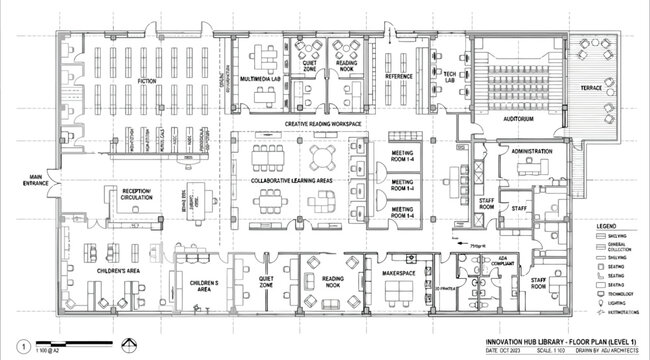 Architectural floor plan of a modern public library level 1 featuring reading areas, meeting rooms, and office spaces