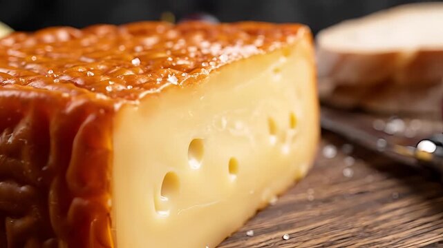 Closeup of a delicious cheese block with grapes and bread on a wooden table.
