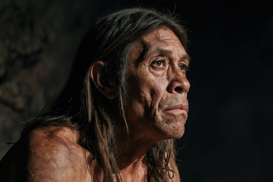 Close-up profile of an ancient man with long hair and weathered skin. He looks thoughtful, as if contemplating survival. Evokes early human existence and primitive culture.