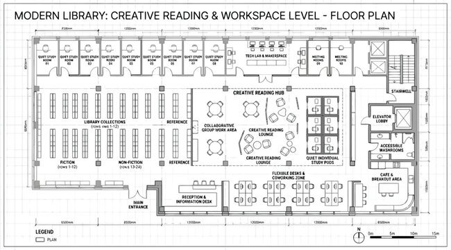 Modern library creative reading and workspace floor plan with study pods and collaborative zones