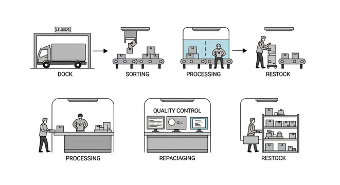 Warehouse Logistics and Supply Chain Management Workflow Infographic showing Dock, Sorting, Processing, Quality Control, Repackaging, and Restock Stages