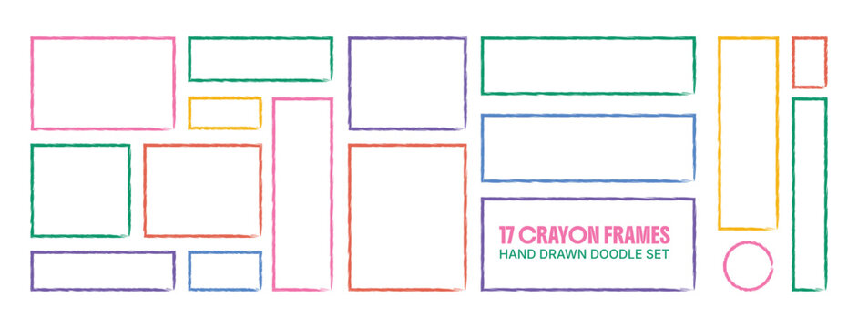 17 Crayon frames clipart set hand-drawn doodle borders rainbow pastel rectangle & square outline vector elements