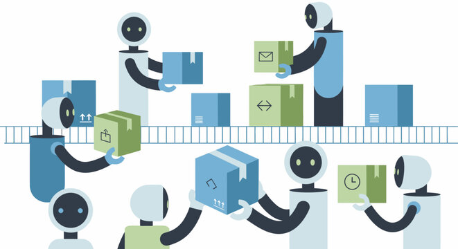 AI Robots Working in an Automated Warehouse Fulfillment Center for Logistics and E-commerce