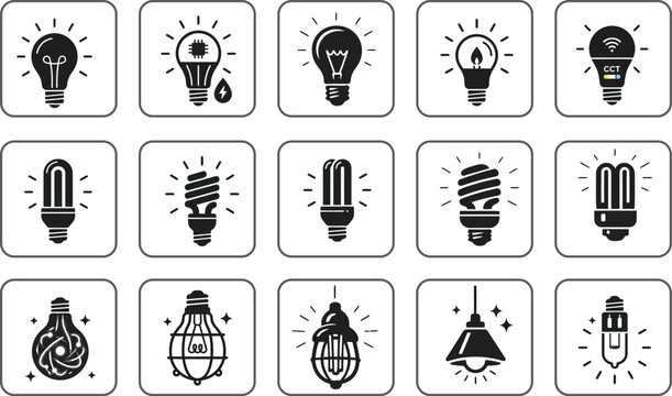 Light bulb idea innovation and creativity icons with bordered outline vector set