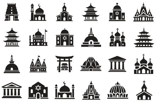 Religious building silhouettes including church mosque temple and cathedral icons in black vector style