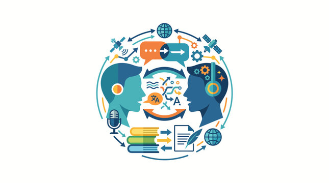 Illustration of language translation services and communication concepts.