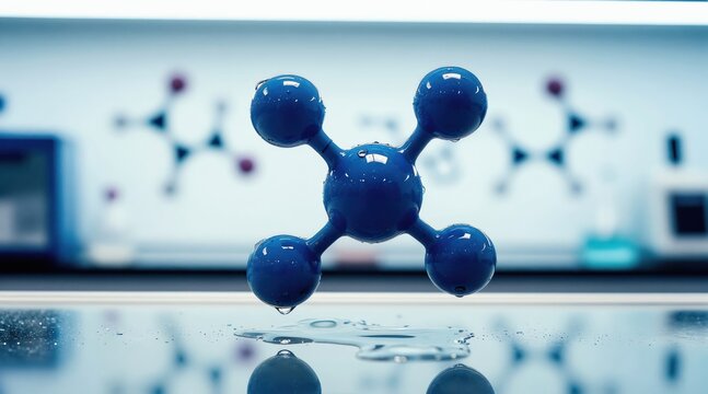 Blue molecule model on wet surface. Lab equipment background. Science research abstract. Chemistry molecular structure. Water drops on spheres.