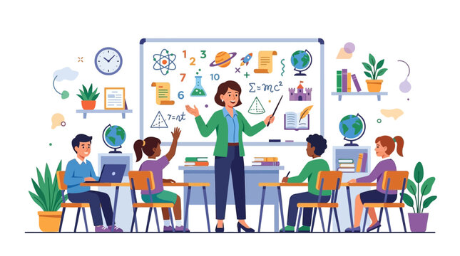 Teacher conducting a science lesson in a classroom with diverse students.
