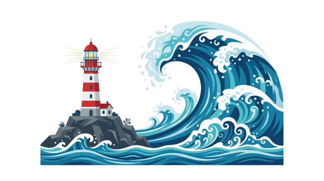 A striped lighthouse standing on a rocky cliff against a giant crashing ocean wave.