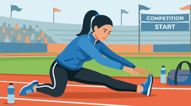 Athletic woman doing hamstring stretches on running track.