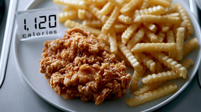 Ein Teller mit knusprigem Brath&auml;hnchen und Pommes Frites, daneben eine digitale Anzeige mit 1120 kcal.