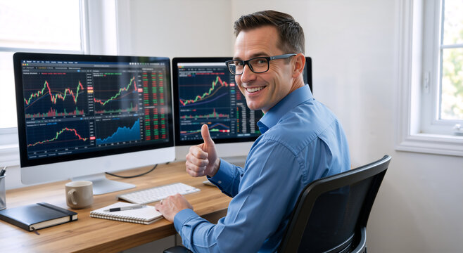 Smiling male stock trader giving thumbs up at desk. Happy financial broker working with computer monitors showing market charts. Successful investment and trading concept