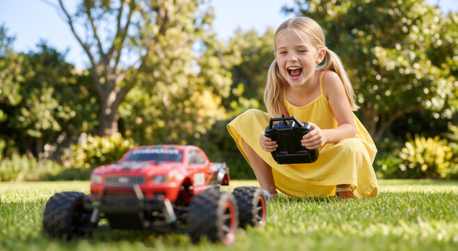 Happy little girl playing with remote control car on green grass. Laughing child in yellow dress holding controller for red toy truck in sunny park. Summer outdoor childhood activity