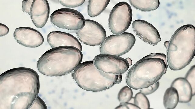 Saccharomyces yeast cells, 3D animation showing slowly rotating budding cells, illustrating probiotic yeast and beneficial microflora used in biotechnology and gut health.