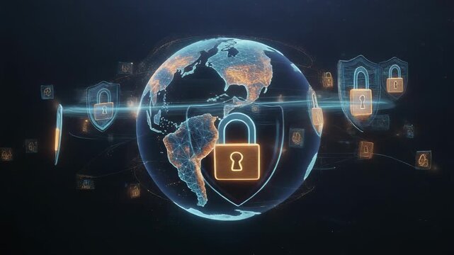 Digital globe surrounded by glowing locks and shields rotating in space symbolizing global cybersecurity and data protection