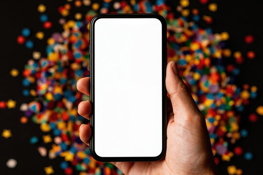Person holds white screen smartphone against dark background with colorful confetti. This device is perfect for sharing celebration moments digitally, like holidays and parties, with friends.