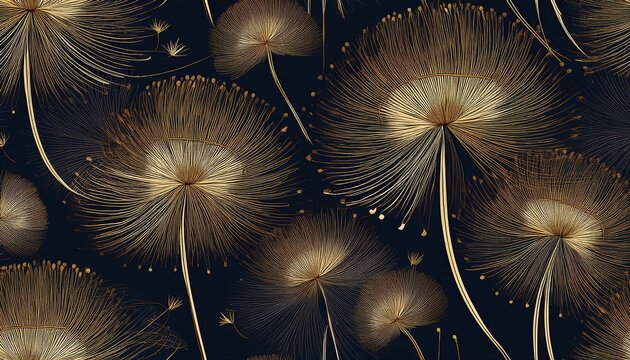 dandelion seed head pattern with detailed fine lines and golden accents on dark background creating elegant and delicate botanical design for seamless print or wallpaper