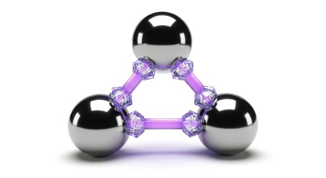 Metallic molecular structure, 3D illustration, silver and purple atoms, chemistry model