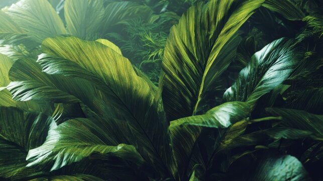 Ultra lush tropical jungle leaves with rich emerald green tones, glowing sunlight filtering through foliage, hyper detailed textures, fresh humid