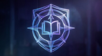 Fototapeta premium Glowing blue book emblem shines within geometric shield shape