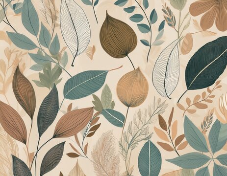earthy botanical pattern with neutral tones and modern design featuring various leaves and seed pods on textured background creating calm and natural home decor style