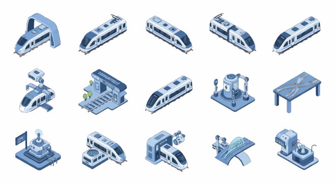 Collection of futuristic high speed trains and railway elements.