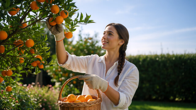Young woman harvesting fresh oranges in a sunny orchard. Female farmer picking citrus fruit into a wicker basket
